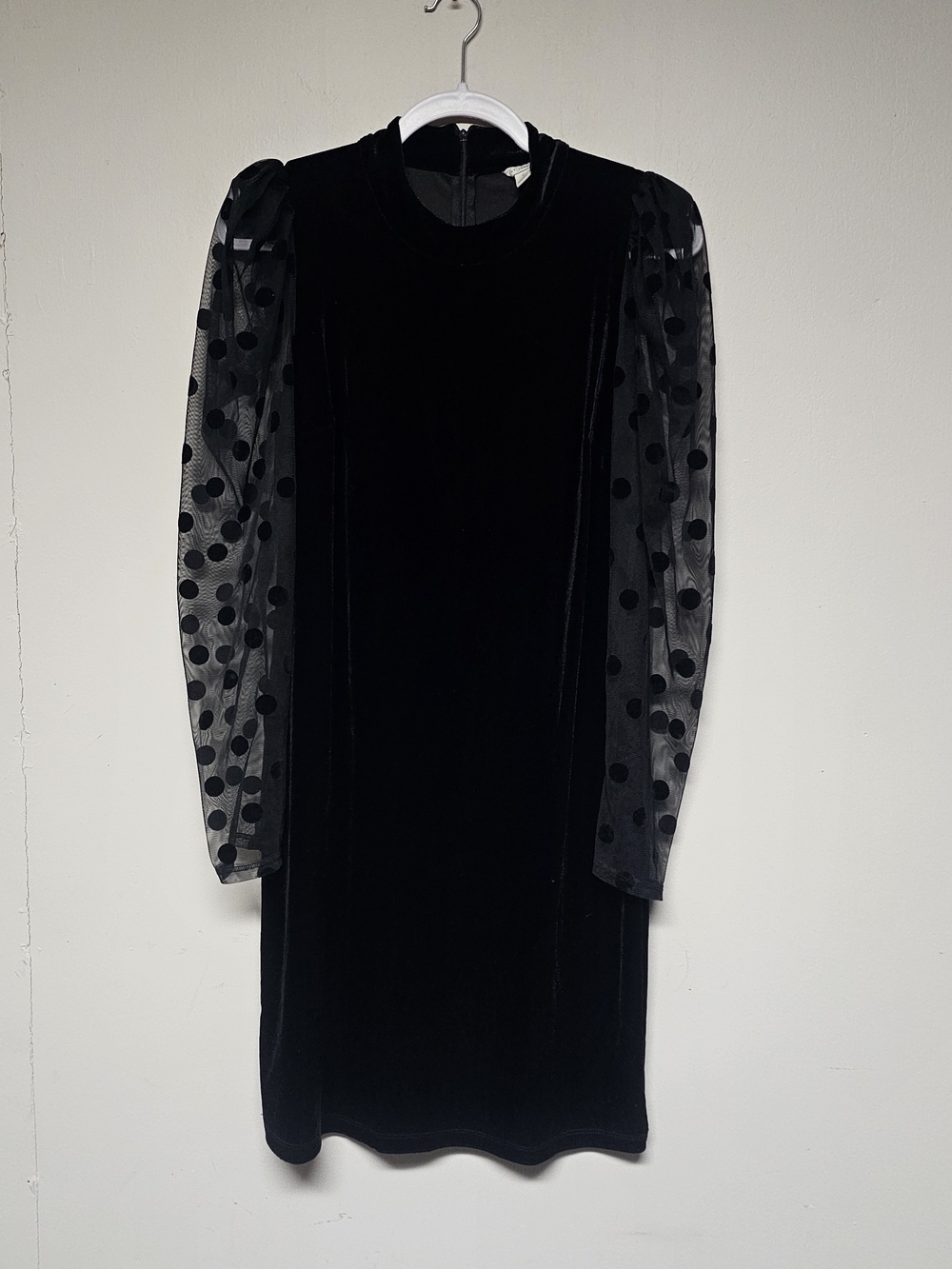 Black Velvet Dress with Polka Dot Sheer Sleeves Whimsigoth Dark Fairy Size Small